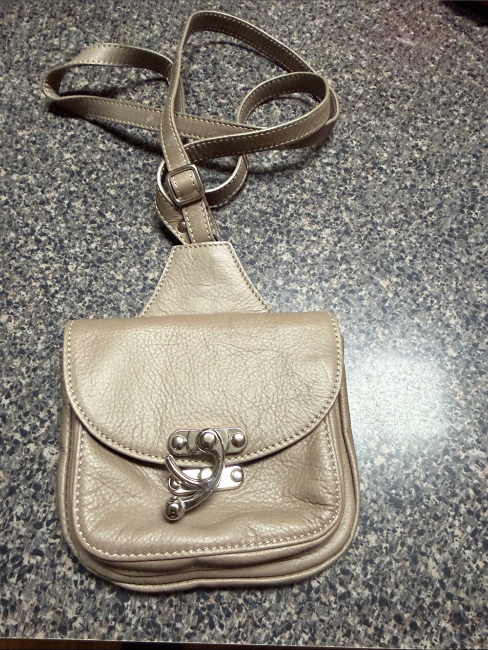 Sundance Taupe Leather Crossbody Bag with Silver Hardware 6”x6”x3”